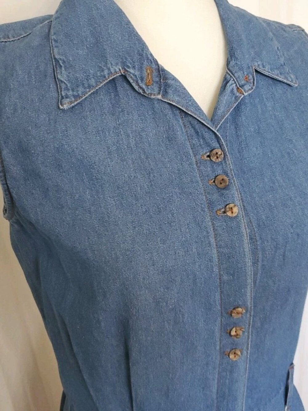 Tickets Sleeveless Button Front Denim Midi Dress Blue Sz. 10 Cottagecore Collar - Picture 2 of 12